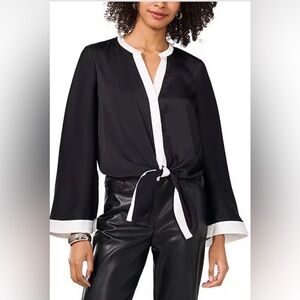 NWT Vince Camuto Woven Contrast Trim Black Flare Sleeve Tie Front Blouse Size Xl